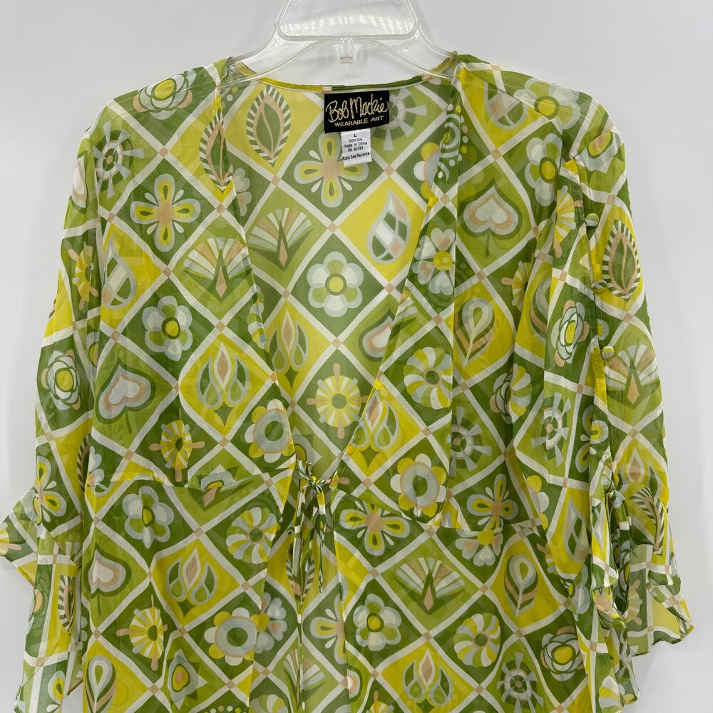 BOB MACKIE Art To Wear Silk Sheer Layer Sz L Tie Front 3/4 Flutter Sleeve Kimono - Picture 3 of 10